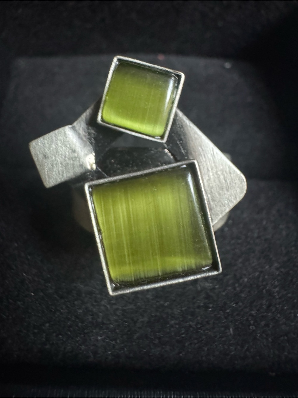 Christophe Poly Canadian Artisan Ring Geometric Green Glass Statement Stamped